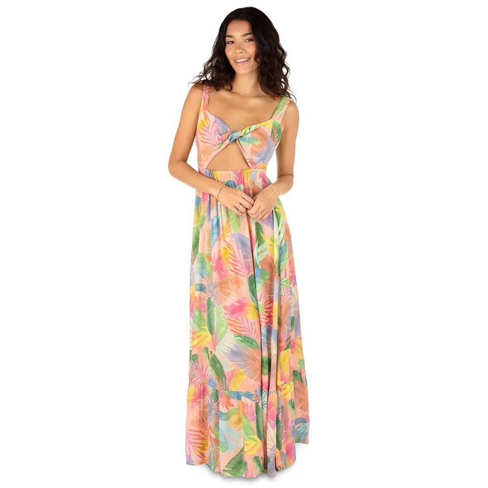 Hurley Tropical Floral Twist Front Smocked Top Cutout Maxi Dress XL Multicolor
